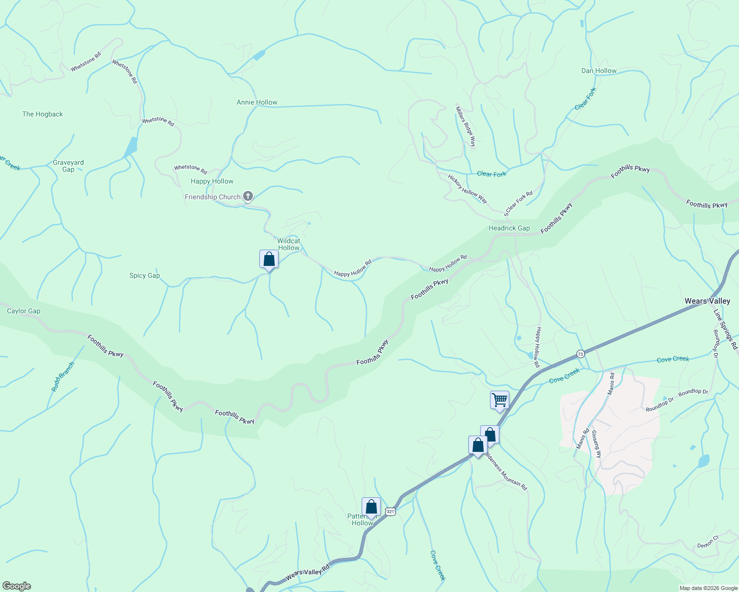 map of restaurants, bars, coffee shops, grocery stores, and more near 2792 Happy Hollow Road in Pigeon Forge