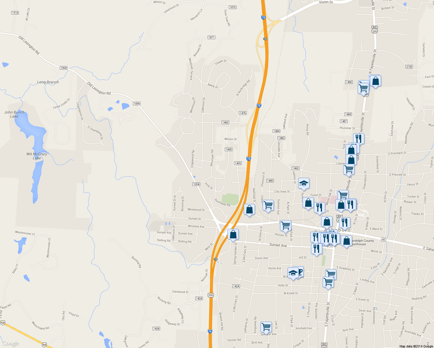 map of restaurants, bars, coffee shops, grocery stores, and more near 1122 Chapel Gate Lane in Asheboro