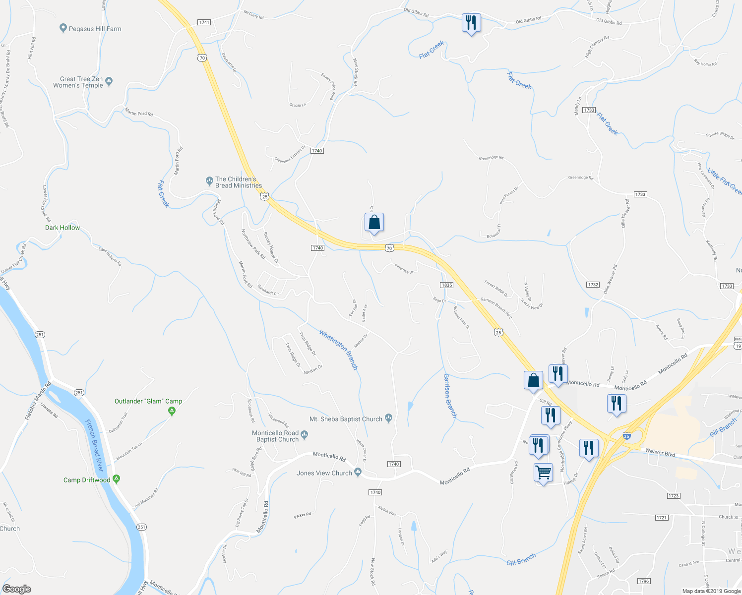 map of restaurants, bars, coffee shops, grocery stores, and more near 35 Nader Avenue in Weaverville