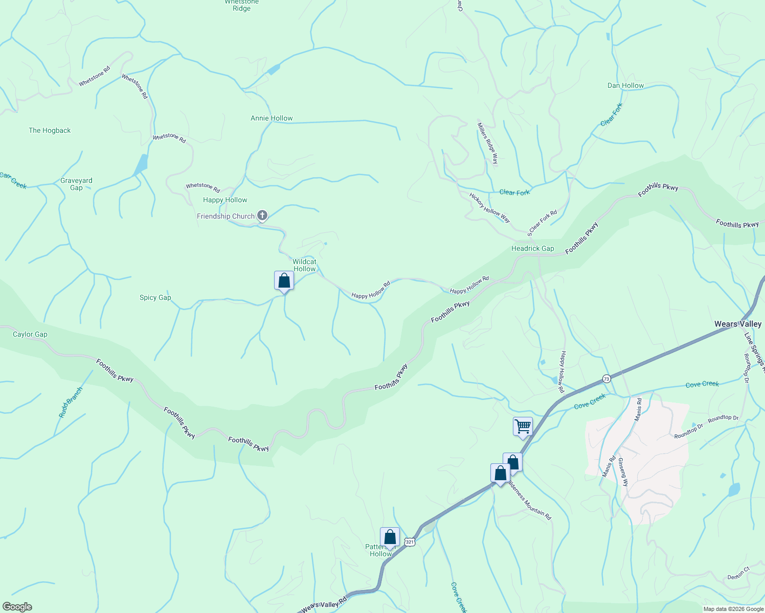 map of restaurants, bars, coffee shops, grocery stores, and more near 2792 Happy Hollow Road in Sevierville
