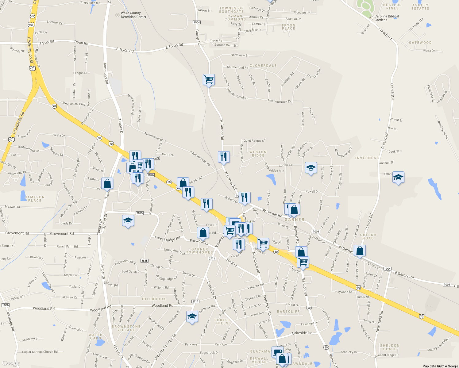 map of restaurants, bars, coffee shops, grocery stores, and more near 1317 West Garner Road in Garner