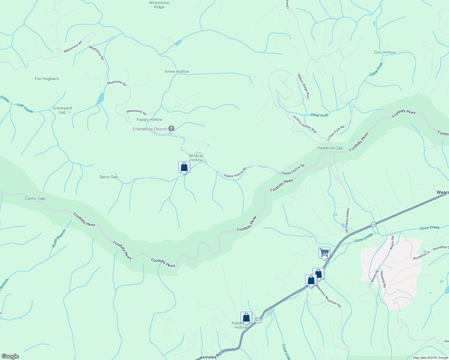 map of restaurants, bars, coffee shops, grocery stores, and more near 2776 Happy Hollow Road in Sevierville