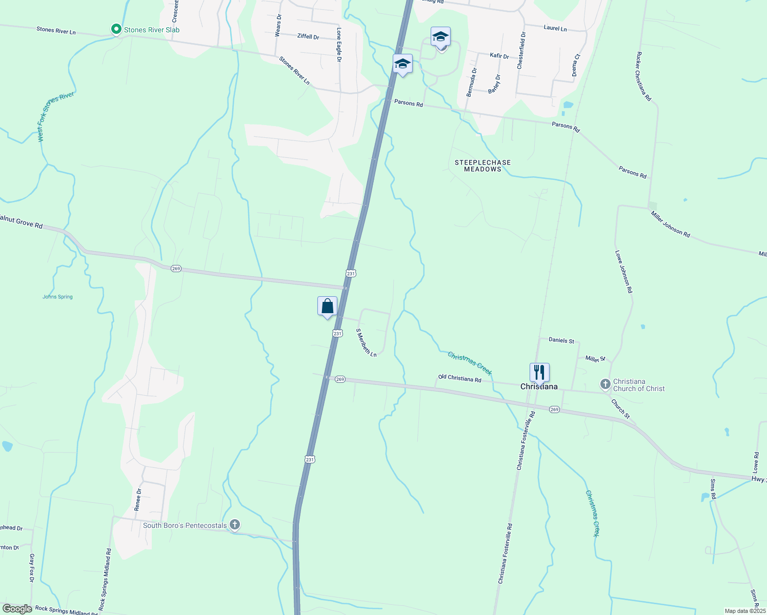 map of restaurants, bars, coffee shops, grocery stores, and more near 315 North Meribeth Lane in Christiana