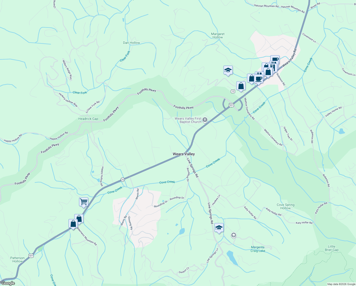 map of restaurants, bars, coffee shops, grocery stores, and more near 3640 Wears Valley Road in Sevierville
