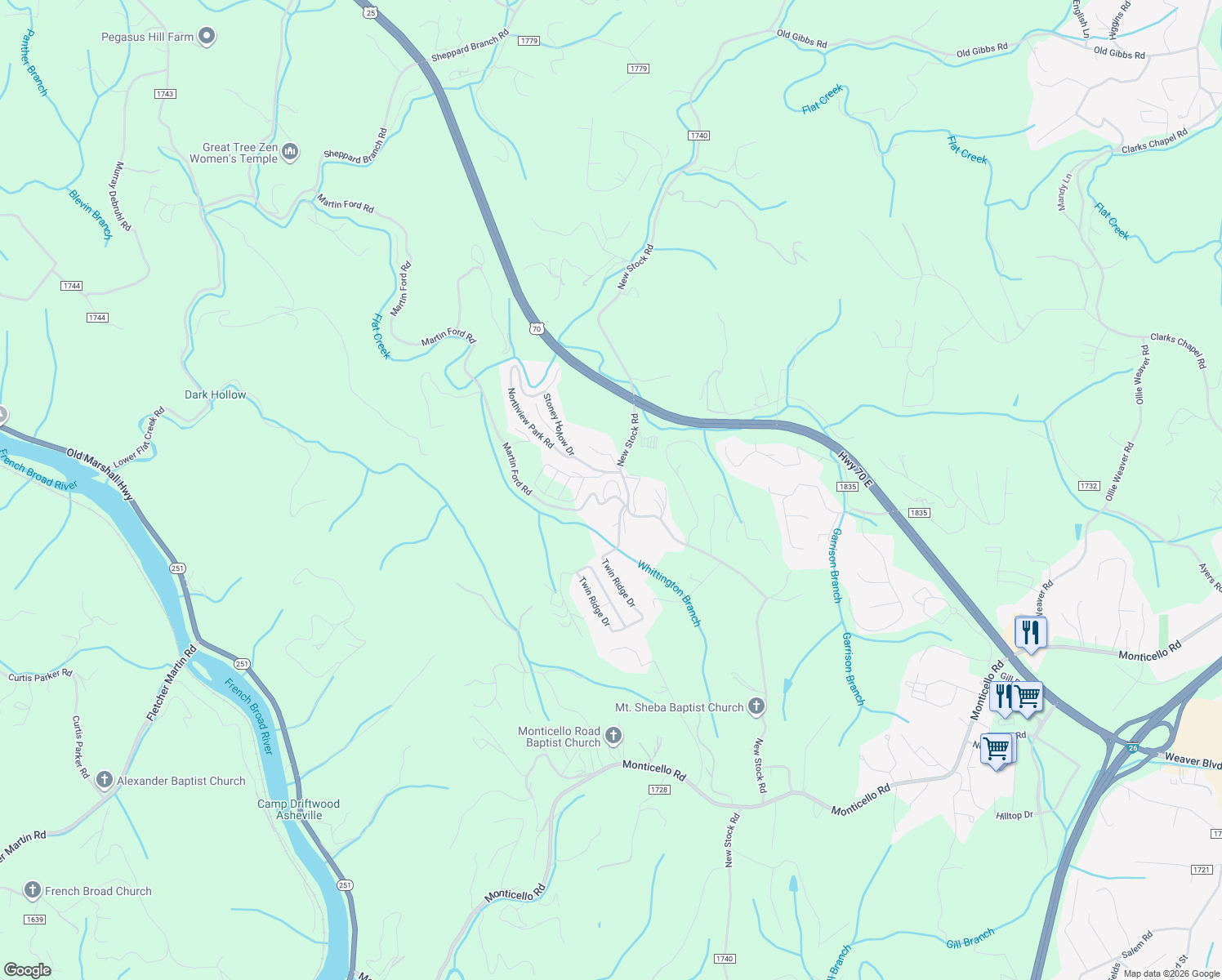 map of restaurants, bars, coffee shops, grocery stores, and more near 2-98 State Road 1717 in Weaverville
