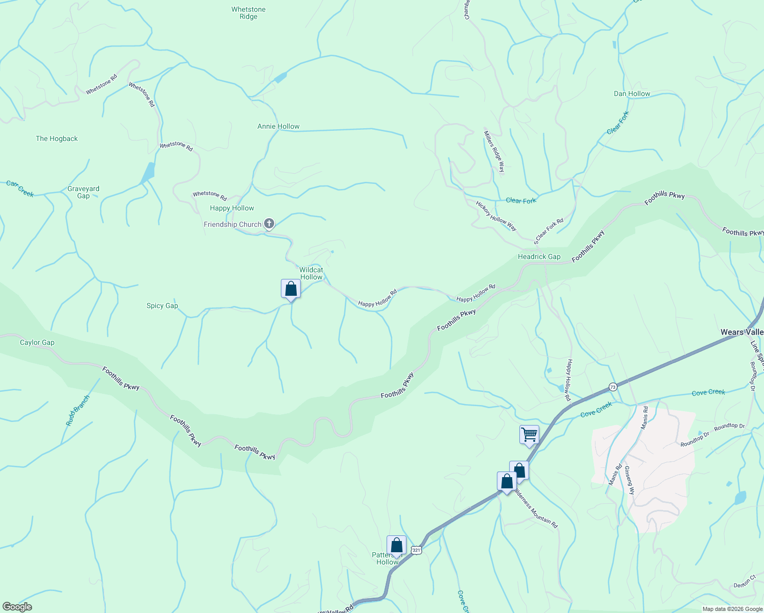 map of restaurants, bars, coffee shops, grocery stores, and more near 2776 Happy Hollow Road in Sevierville