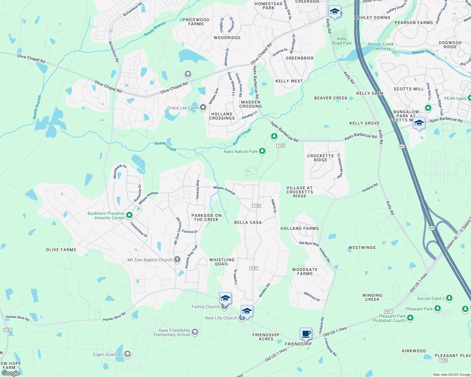 map of restaurants, bars, coffee shops, grocery stores, and more near 1811 Campione Way in Apex