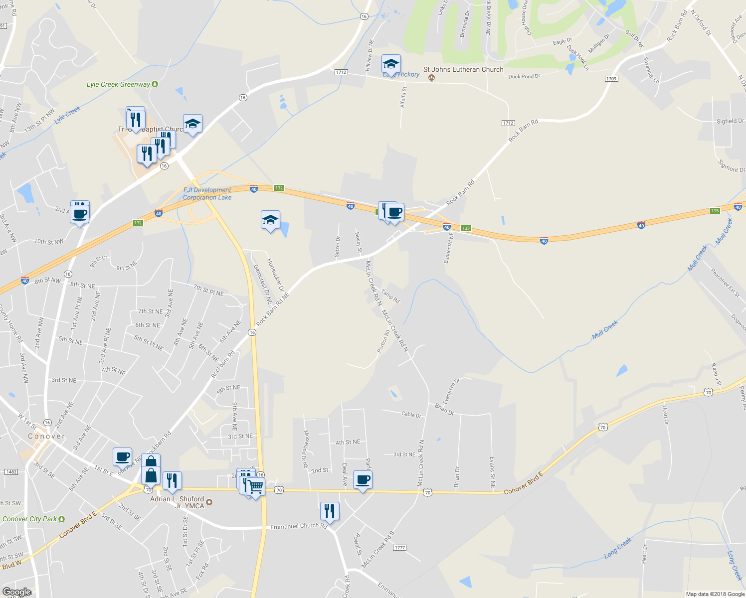 map of restaurants, bars, coffee shops, grocery stores, and more near 631 McLin Creek Road North in Conover