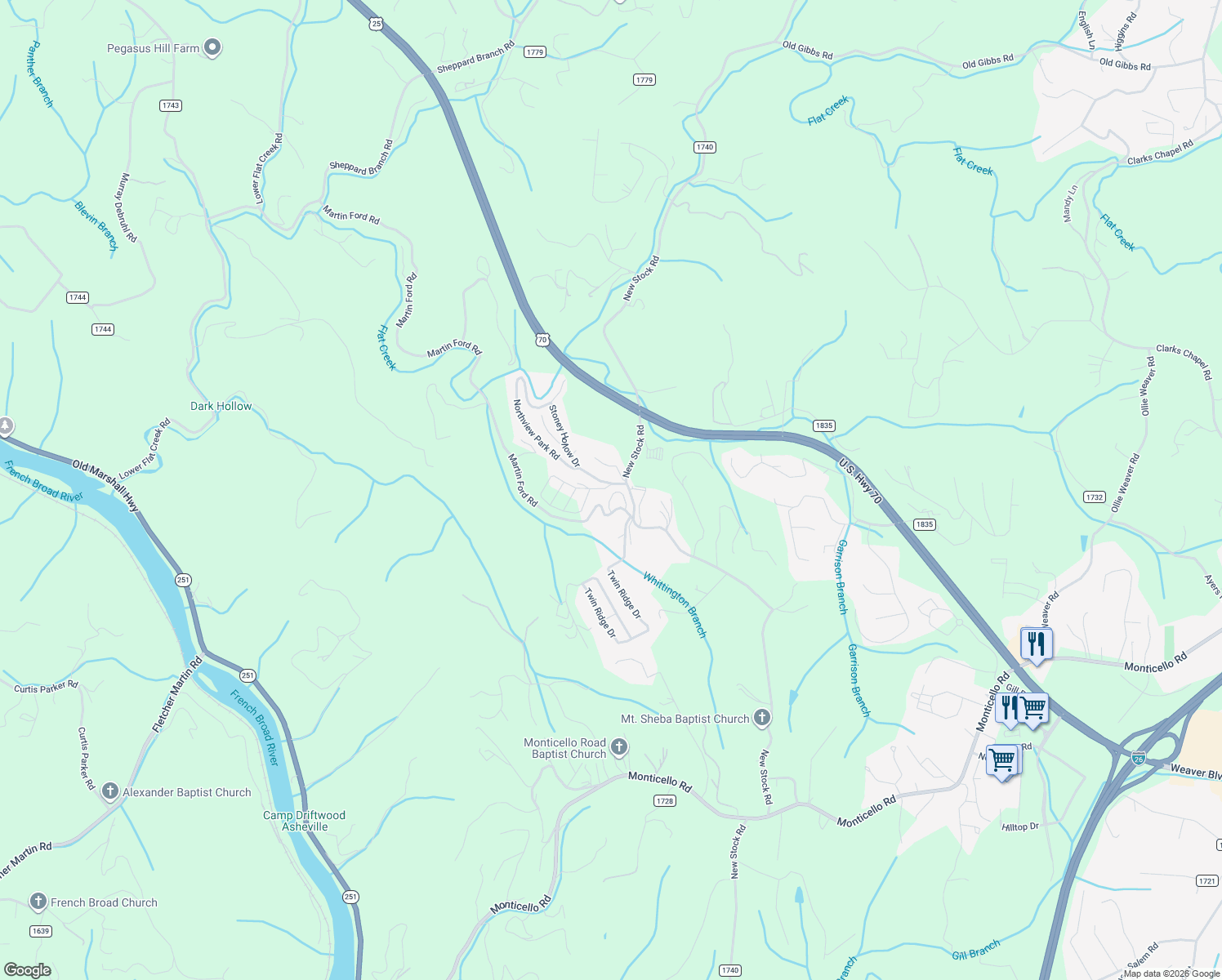 map of restaurants, bars, coffee shops, grocery stores, and more near 1142 New Stock Road in Weaverville