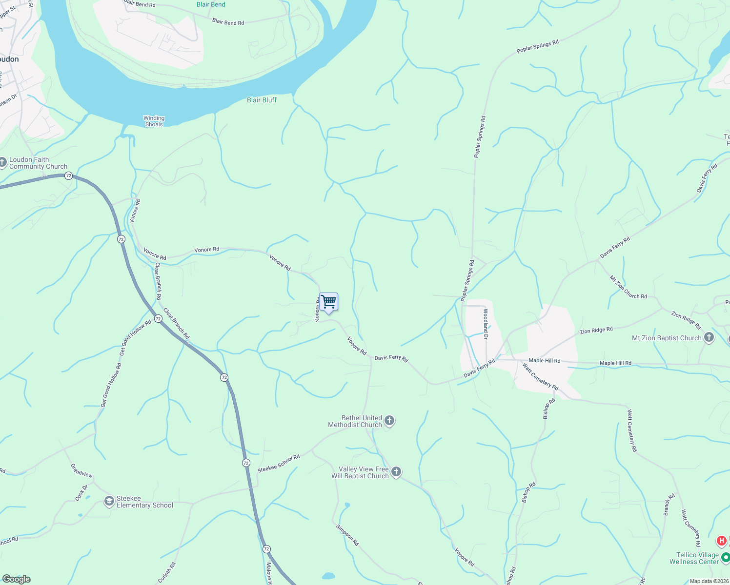 map of restaurants, bars, coffee shops, grocery stores, and more near 1947 Oody Road in Loudon