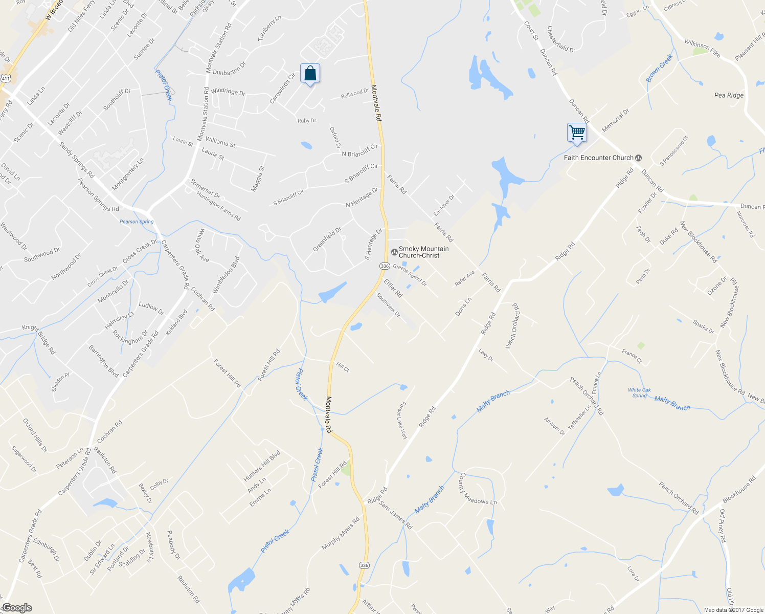 map of restaurants, bars, coffee shops, grocery stores, and more near 2407 Southview Drive in Maryville