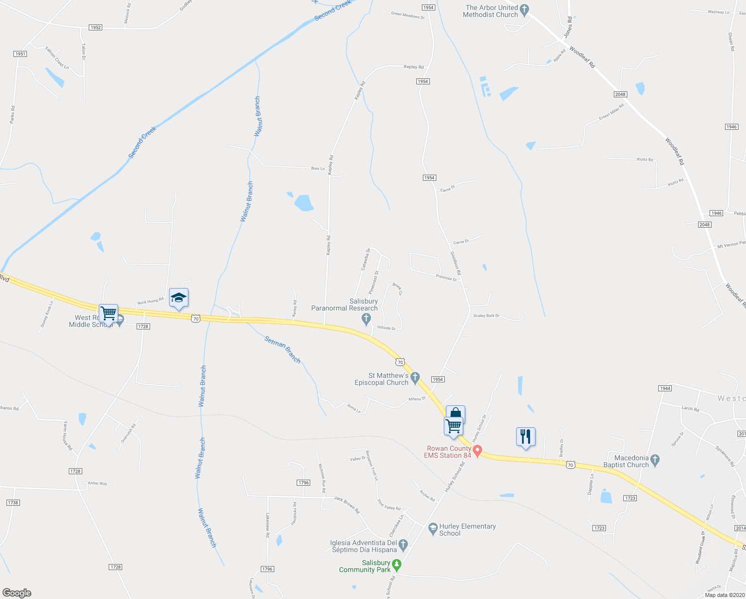 map of restaurants, bars, coffee shops, grocery stores, and more near 135 Pinecrest Street in Salisbury