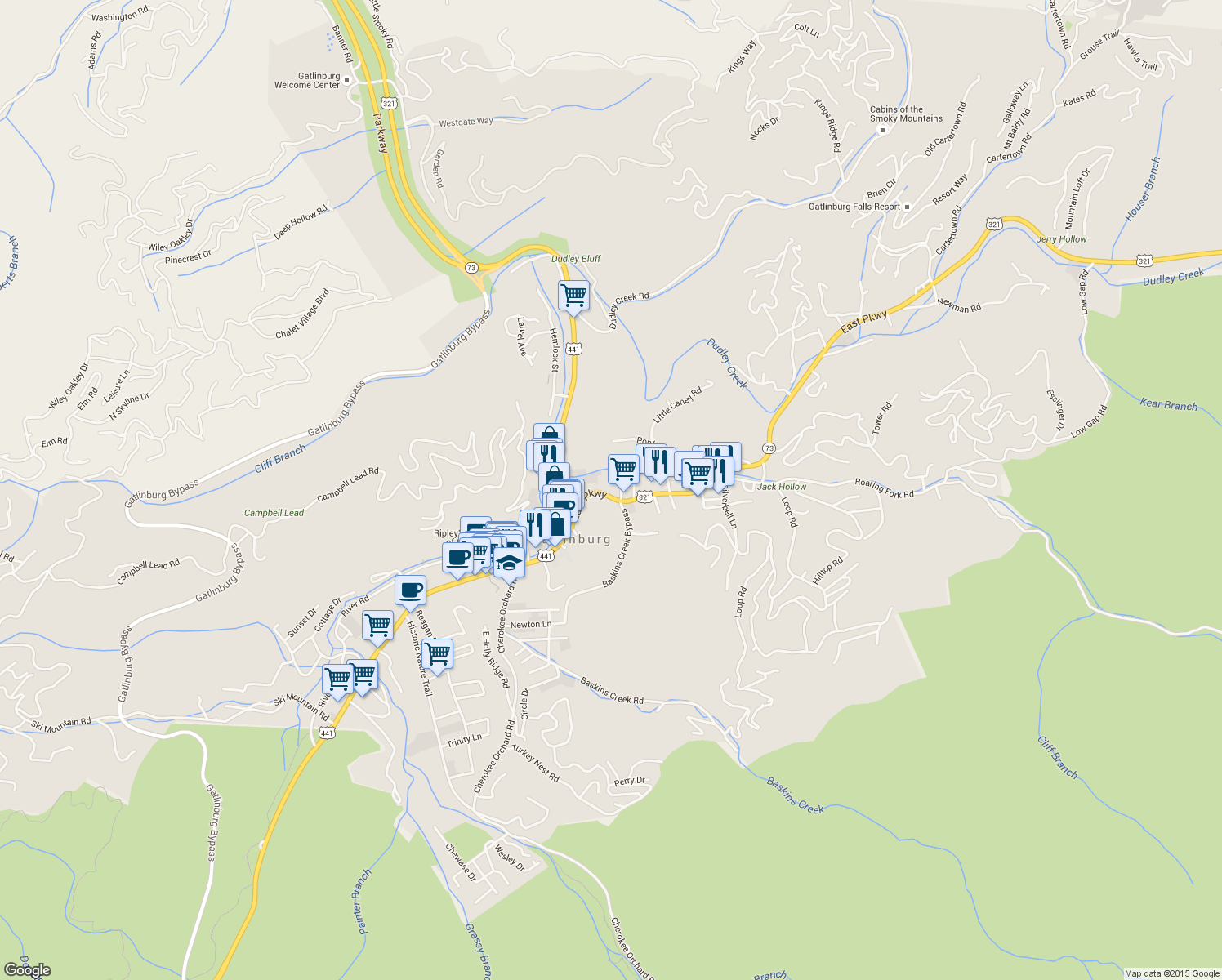 map of restaurants, bars, coffee shops, grocery stores, and more near 115 Willow Ln in Gatlinburg