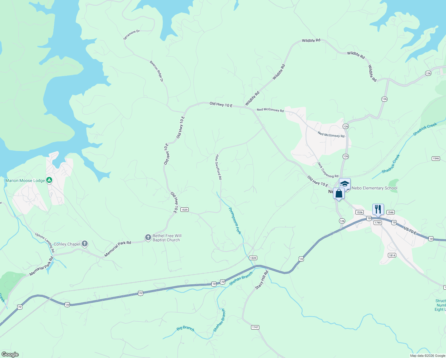 map of restaurants, bars, coffee shops, grocery stores, and more near 432 John Swafford Road in Nebo