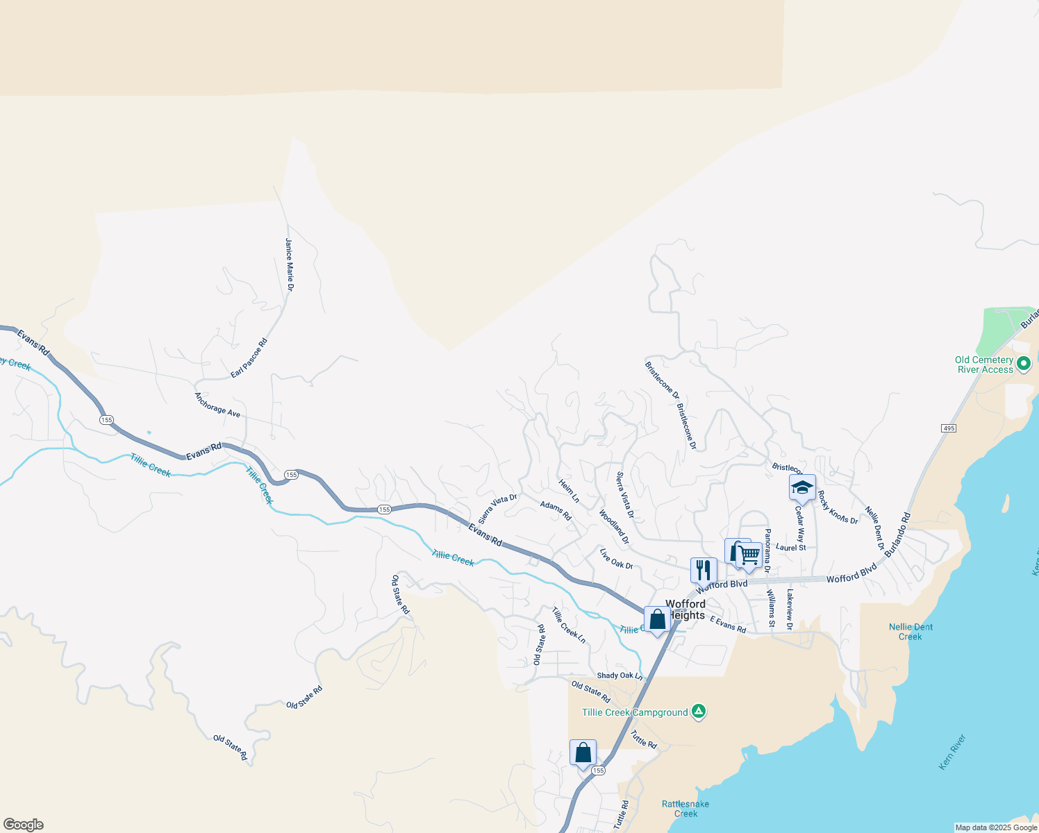map of restaurants, bars, coffee shops, grocery stores, and more near 37 Canyon Drive in Wofford Heights
