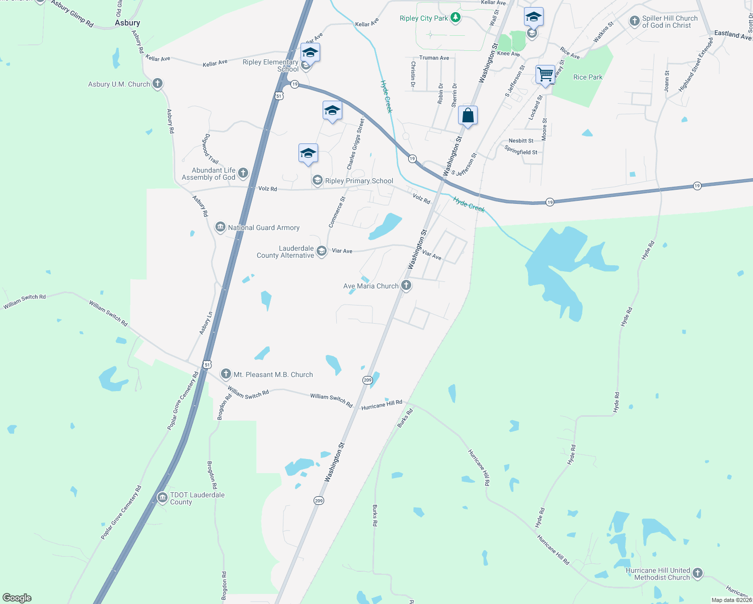 map of restaurants, bars, coffee shops, grocery stores, and more near 610 Hanna Drive in Ripley