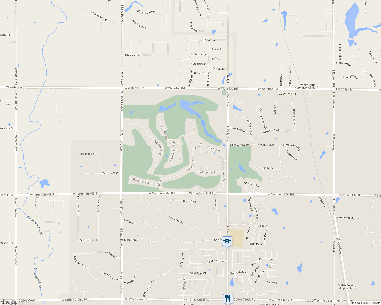 map of restaurants, bars, coffee shops, grocery stores, and more near 6013 Oak Tree Road in Edmond