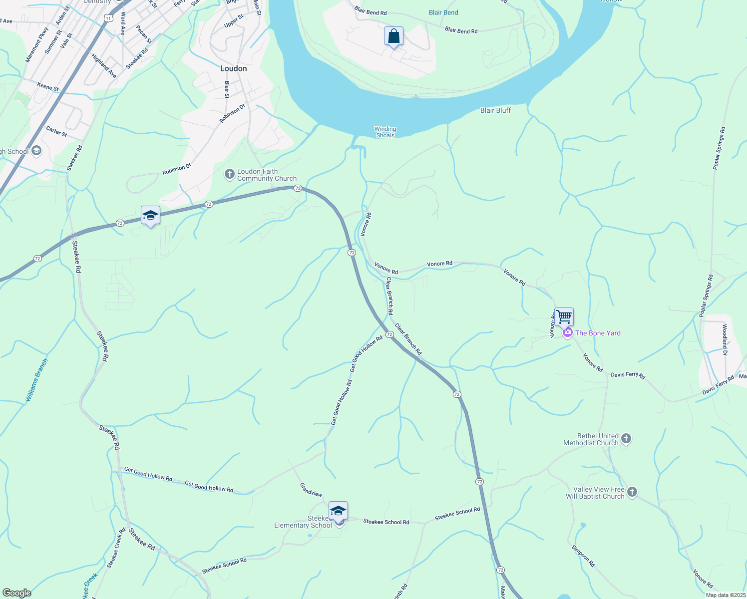 map of restaurants, bars, coffee shops, grocery stores, and more near 14386 Tennessee 72 in Loudon