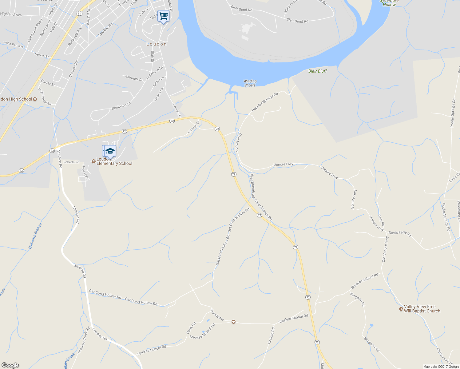 map of restaurants, bars, coffee shops, grocery stores, and more near 14386 Tennessee 72 in Loudon