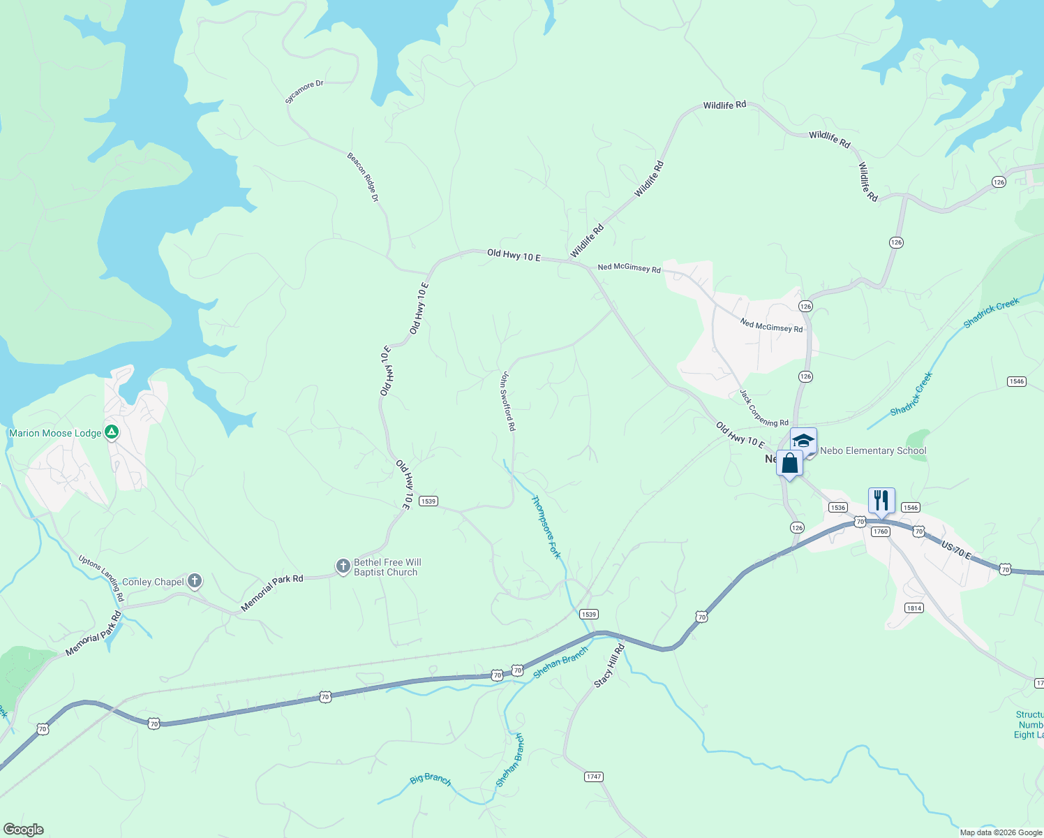 map of restaurants, bars, coffee shops, grocery stores, and more near 432 John Swafford Road in Nebo