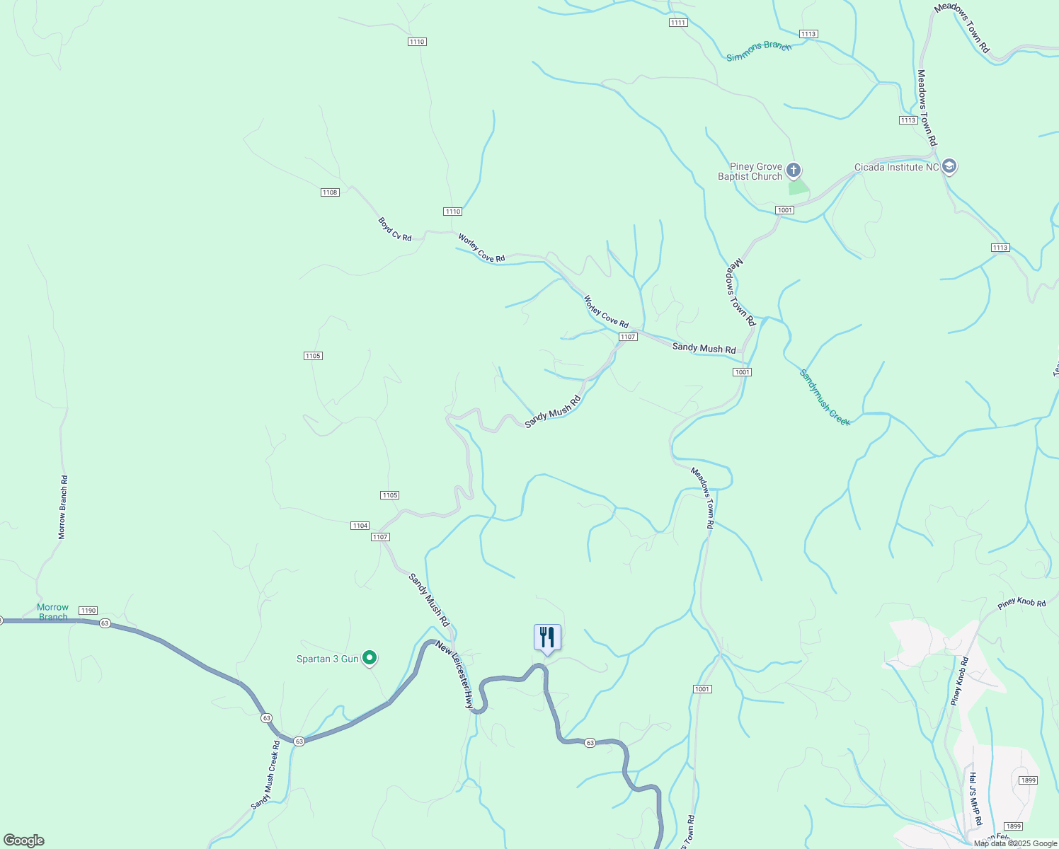 map of restaurants, bars, coffee shops, grocery stores, and more near Sandy Mush Road in Marshall