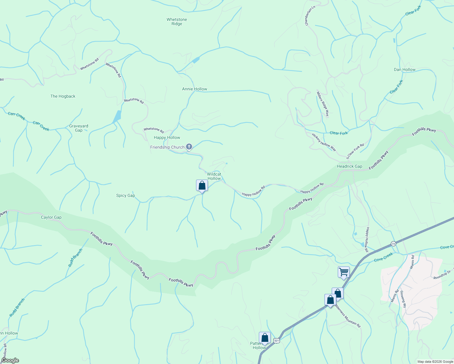 map of restaurants, bars, coffee shops, grocery stores, and more near 2689 Happy Hollow Road in Sevierville