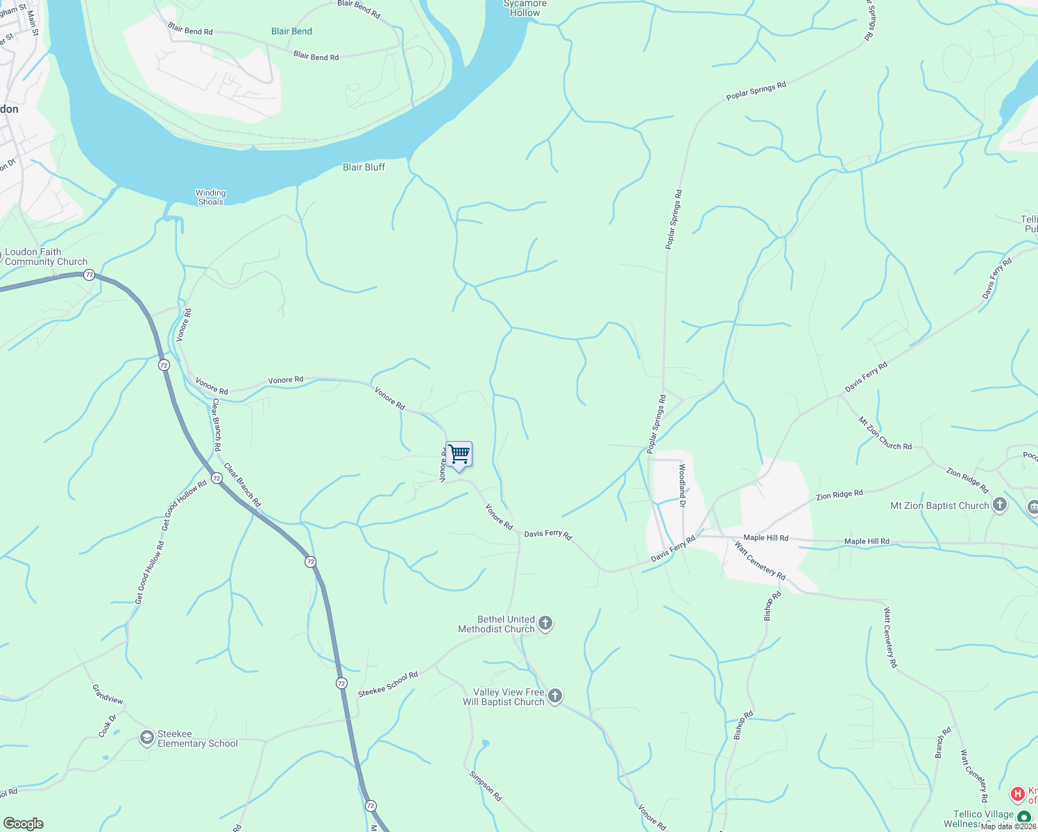 map of restaurants, bars, coffee shops, grocery stores, and more near 1947 Oody Road in Loudon