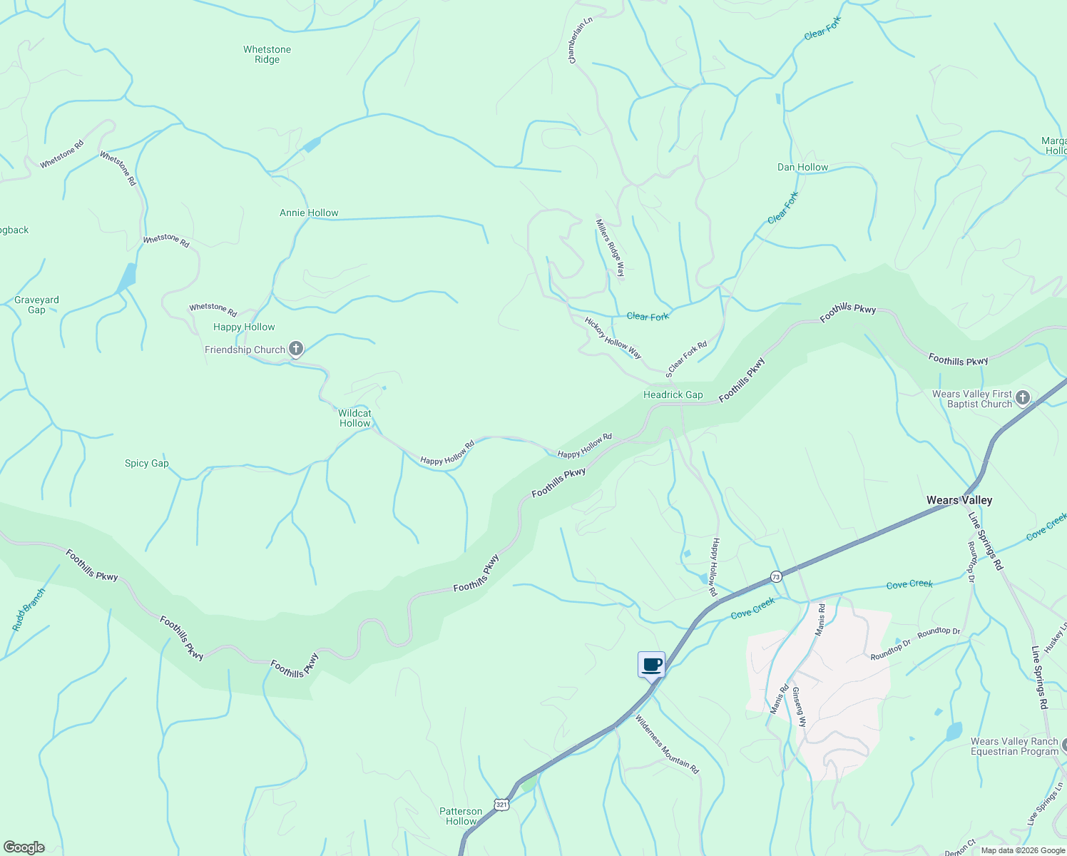 map of restaurants, bars, coffee shops, grocery stores, and more near 2869 Happy Hollow Road in Sevierville