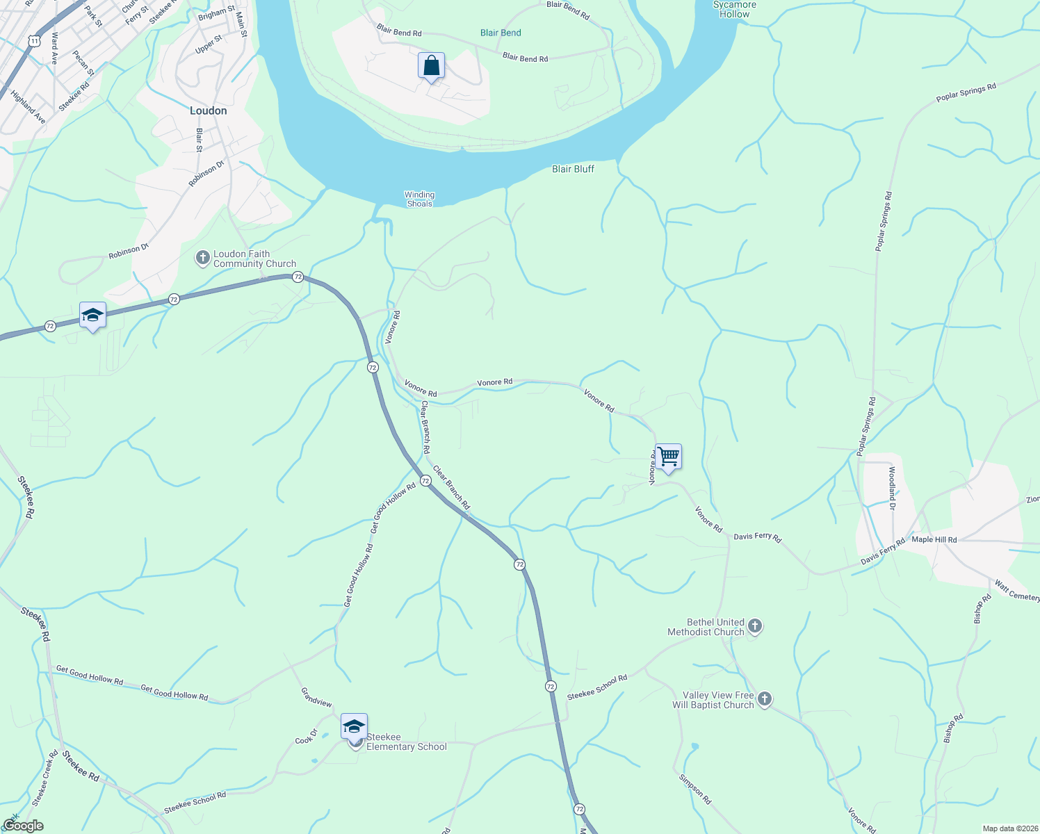 map of restaurants, bars, coffee shops, grocery stores, and more near 4684 Vonore Road in Loudon