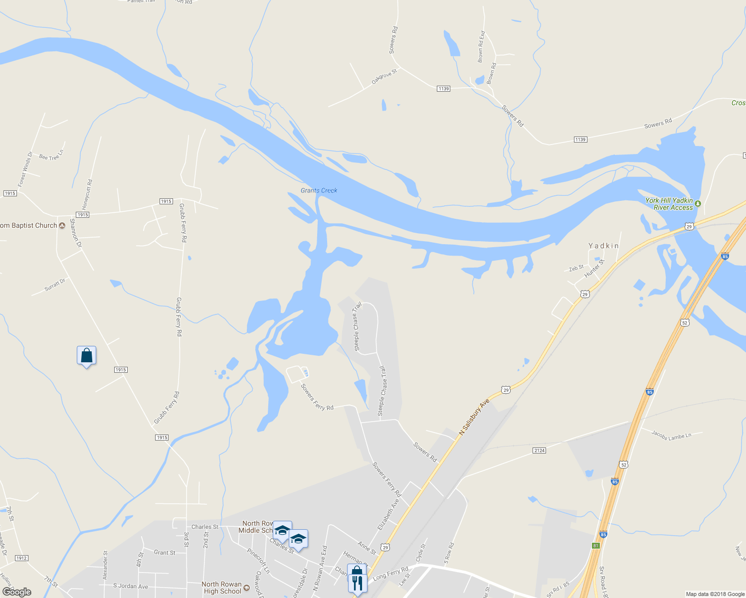 map of restaurants, bars, coffee shops, grocery stores, and more near 459 Steeple Chase Trail in Salisbury