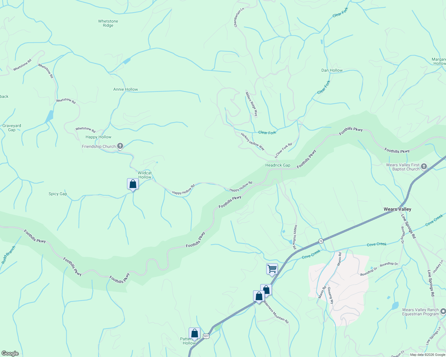 map of restaurants, bars, coffee shops, grocery stores, and more near 2869 Happy Hollow Road in Sevierville