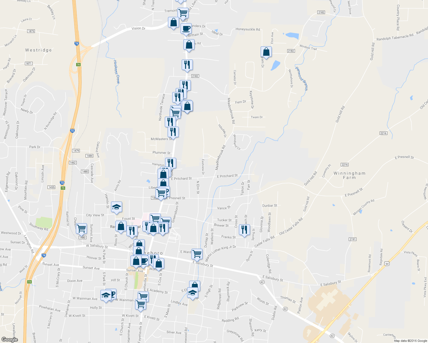 map of restaurants, bars, coffee shops, grocery stores, and more near 725 Meadowbrook Rd in Asheboro