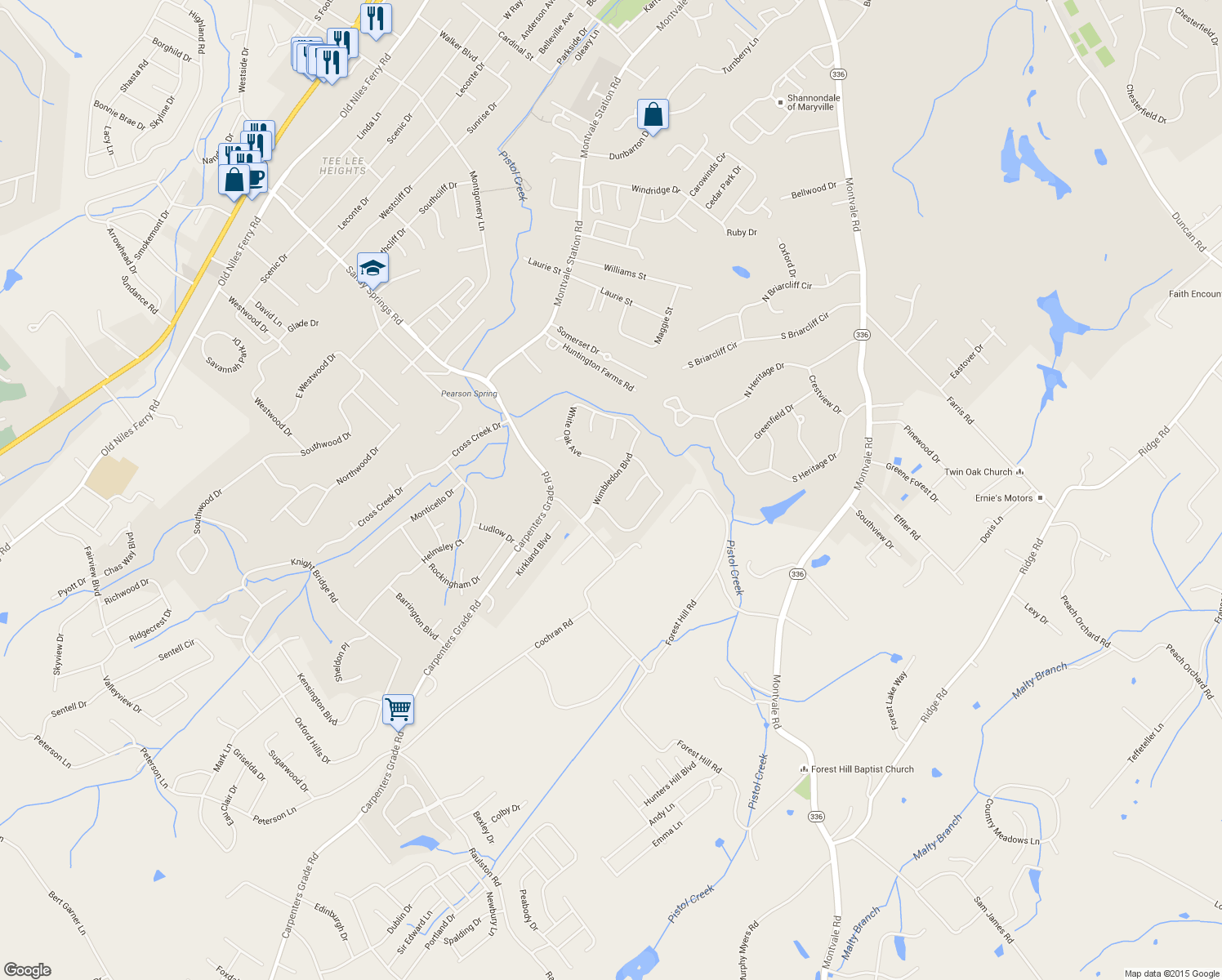 map of restaurants, bars, coffee shops, grocery stores, and more near 1926 Wimbledon Boulevard in Maryville