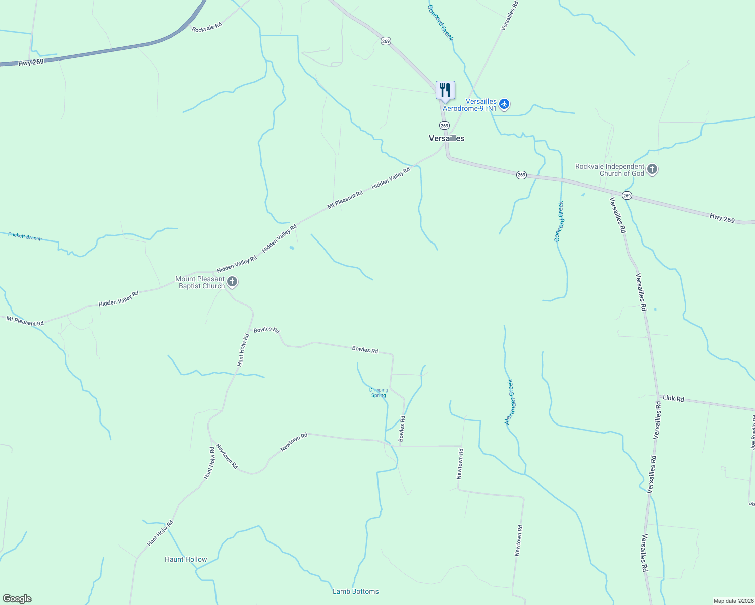 map of restaurants, bars, coffee shops, grocery stores, and more near 9249 Bowles Road in Rockvale