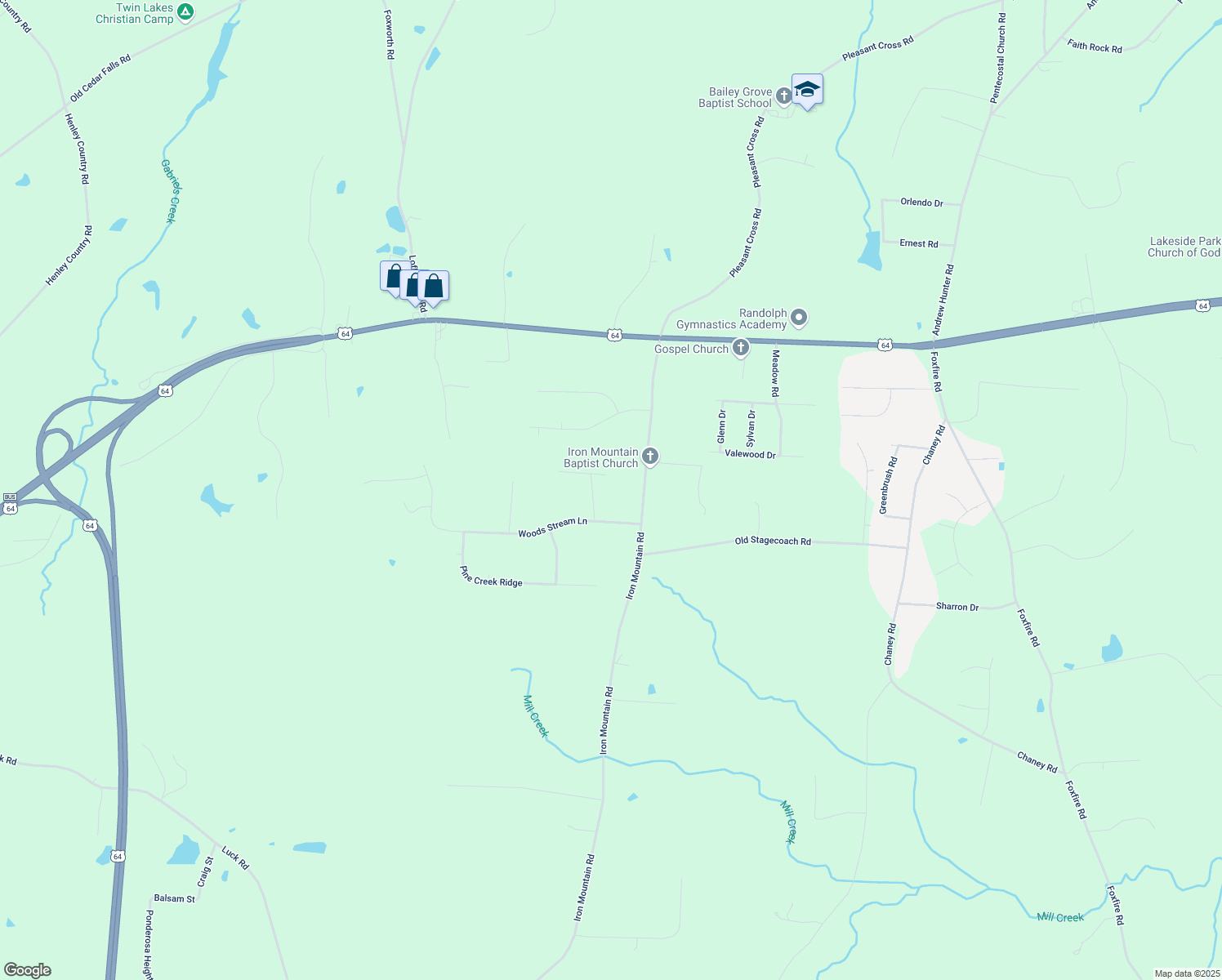 map of restaurants, bars, coffee shops, grocery stores, and more near 2396 Wildflower Court in Asheboro