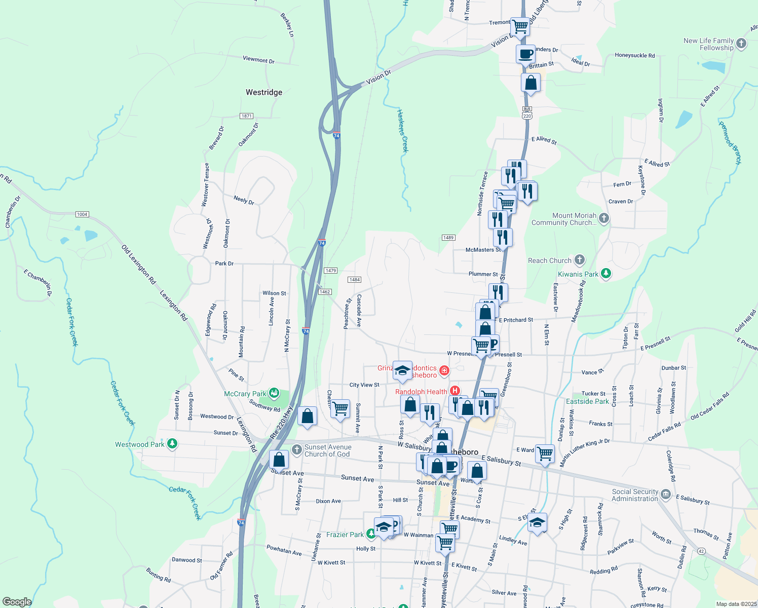 map of restaurants, bars, coffee shops, grocery stores, and more near 1166 Oakland Avenue in Asheboro