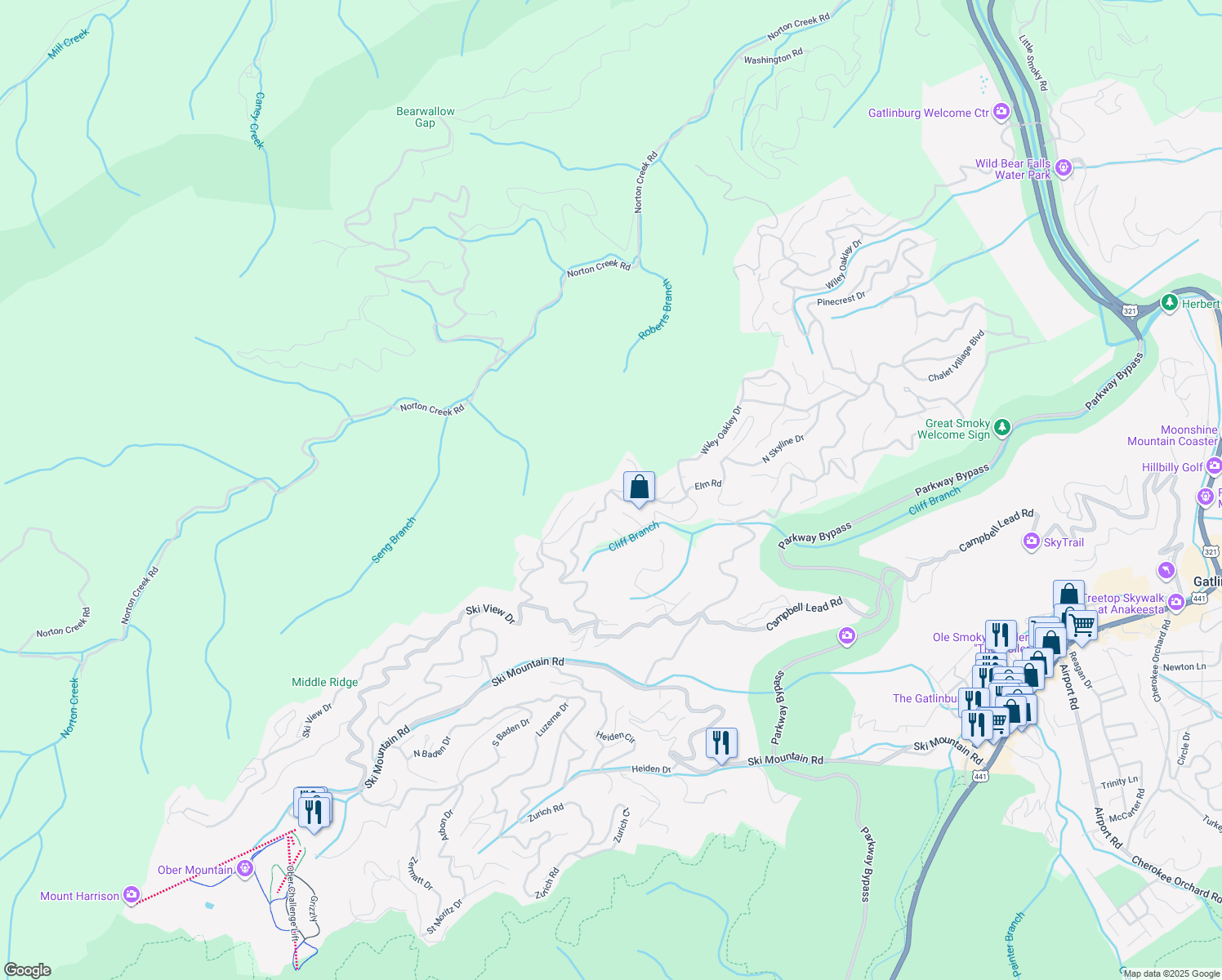 map of restaurants, bars, coffee shops, grocery stores, and more near Wiley Oakley Dr & W Ridge Rd in Gatlinburg