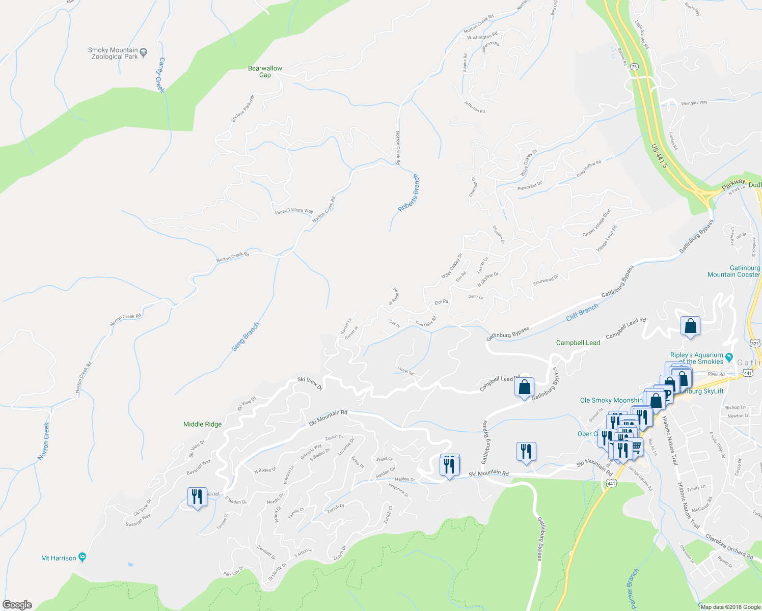 map of restaurants, bars, coffee shops, grocery stores, and more near 1084 Wiley Oakley Drive in Gatlinburg