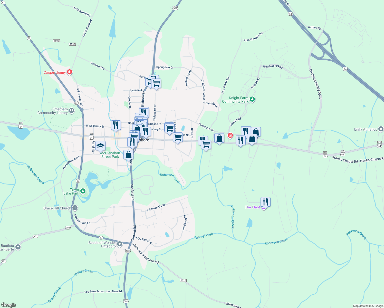 map of restaurants, bars, coffee shops, grocery stores, and more near 244 Toomer Loop Rd in Pittsboro