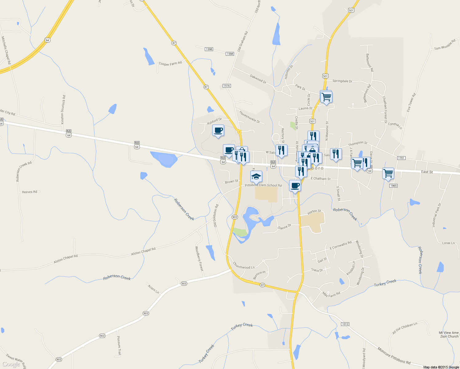 map of restaurants, bars, coffee shops, grocery stores, and more near 79 Brown Street in Pittsboro
