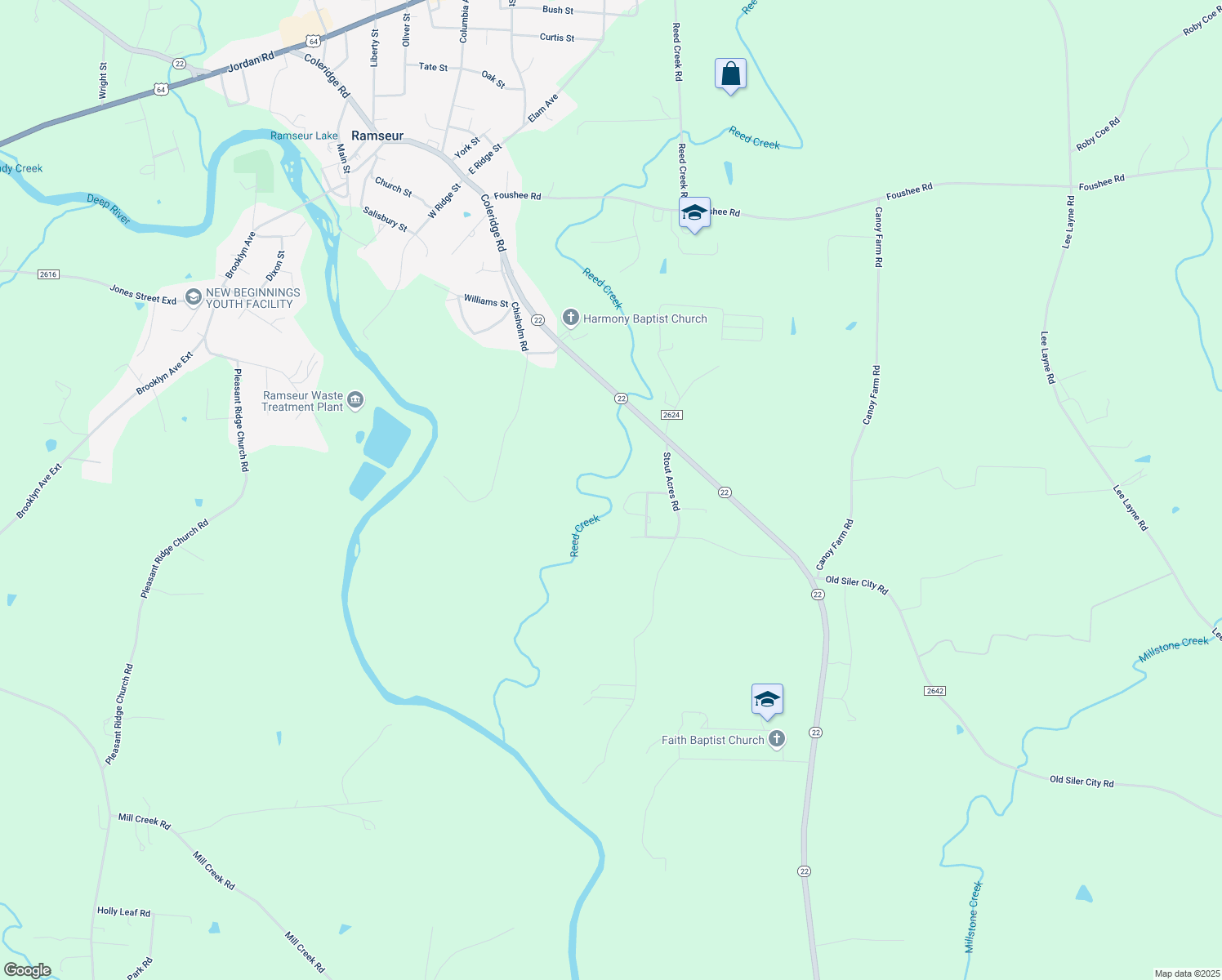 map of restaurants, bars, coffee shops, grocery stores, and more near 5138 Springview Street in Ramseur
