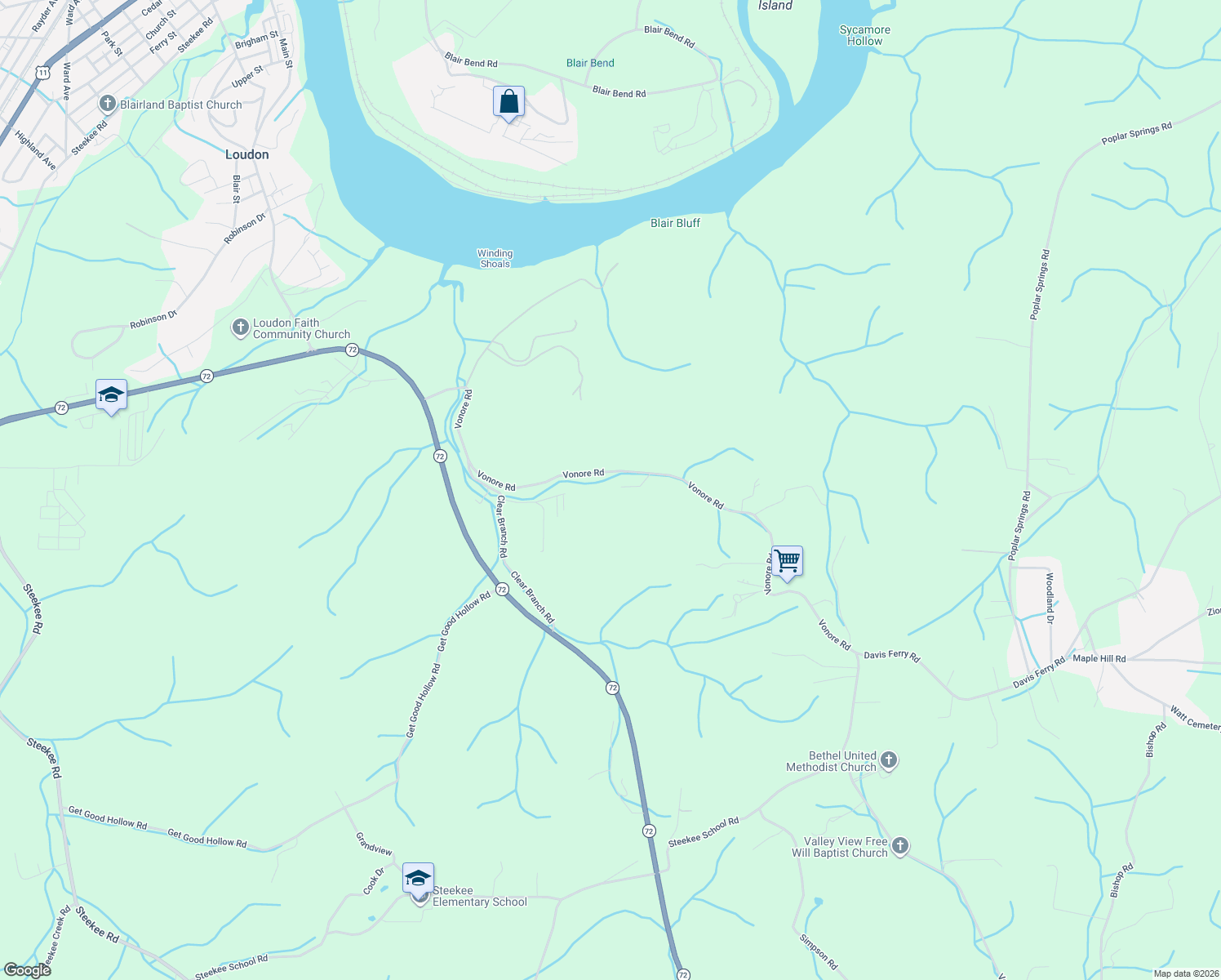 map of restaurants, bars, coffee shops, grocery stores, and more near 4684 Vonore Road in Loudon