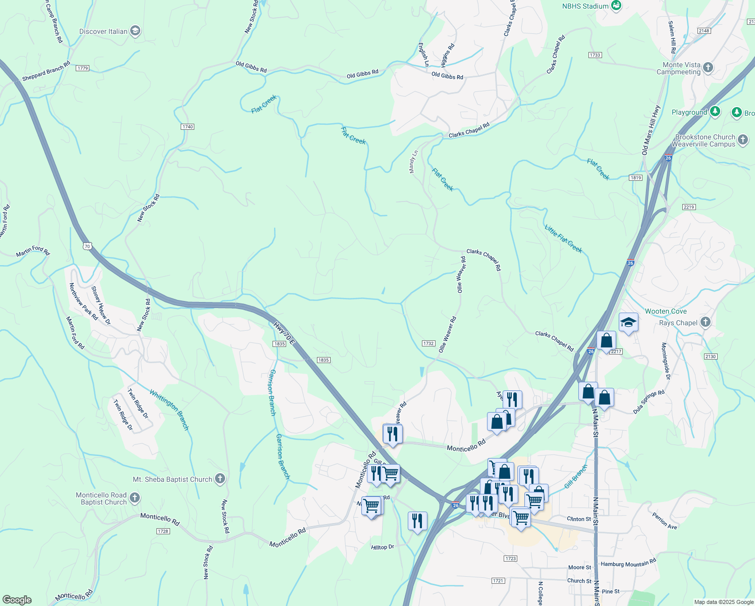 map of restaurants, bars, coffee shops, grocery stores, and more near 230 Ayers Road in Weaverville