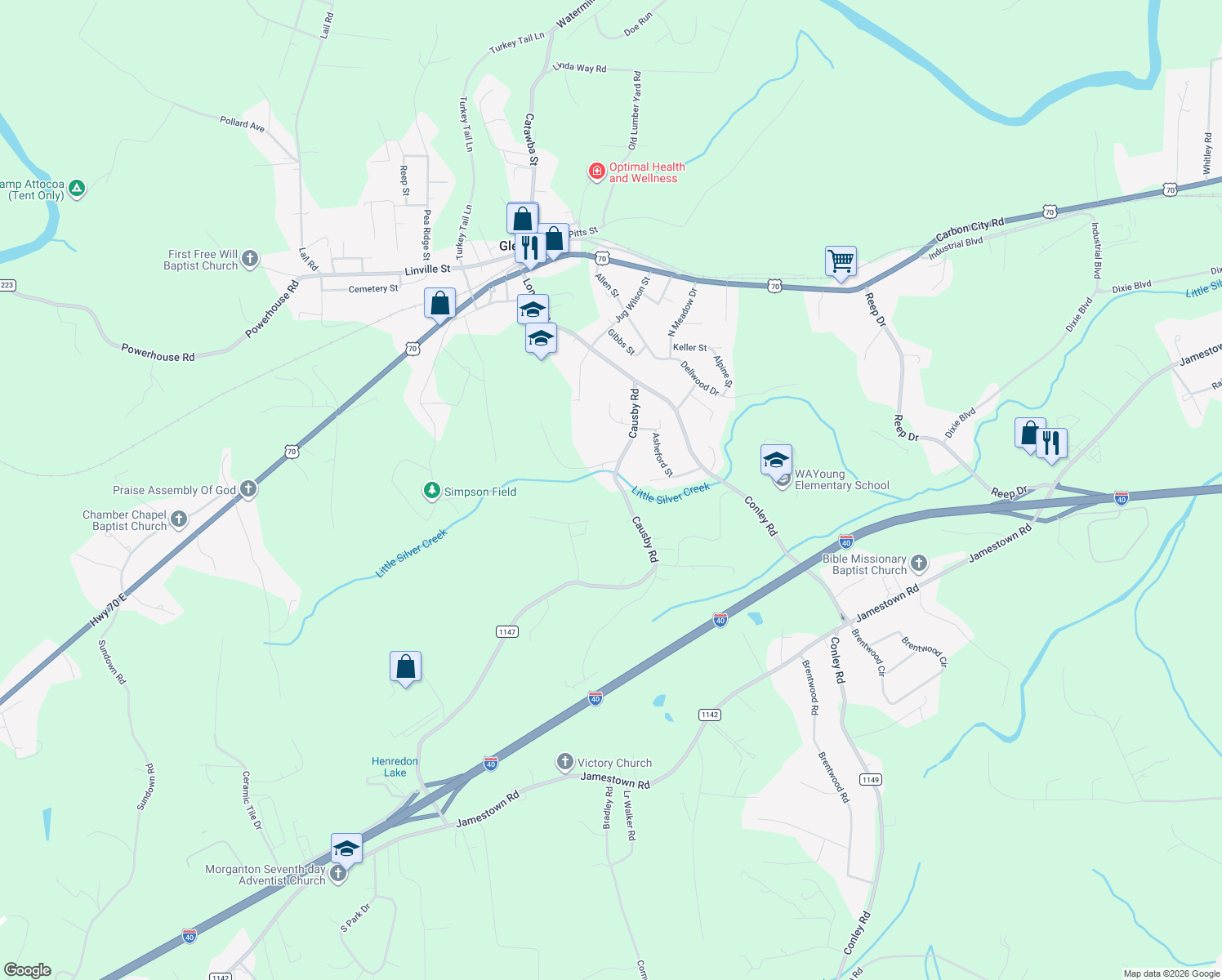 map of restaurants, bars, coffee shops, grocery stores, and more near 312 Causby Road in Morganton