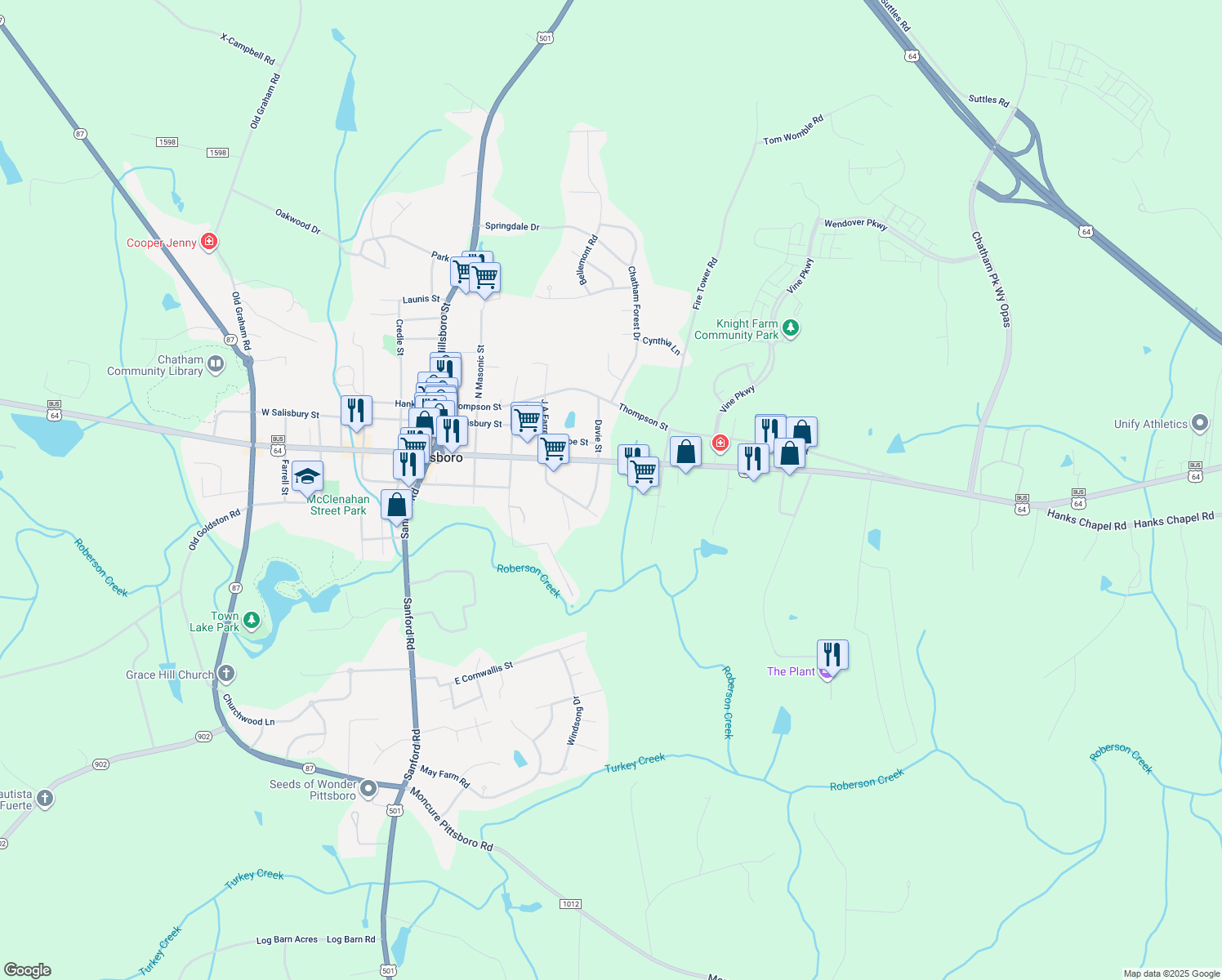 map of restaurants, bars, coffee shops, grocery stores, and more near 280 Toomer Loop Road in Pittsboro