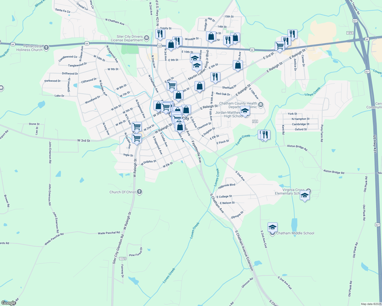 map of restaurants, bars, coffee shops, grocery stores, and more near 501 South Chatham Avenue in Siler City