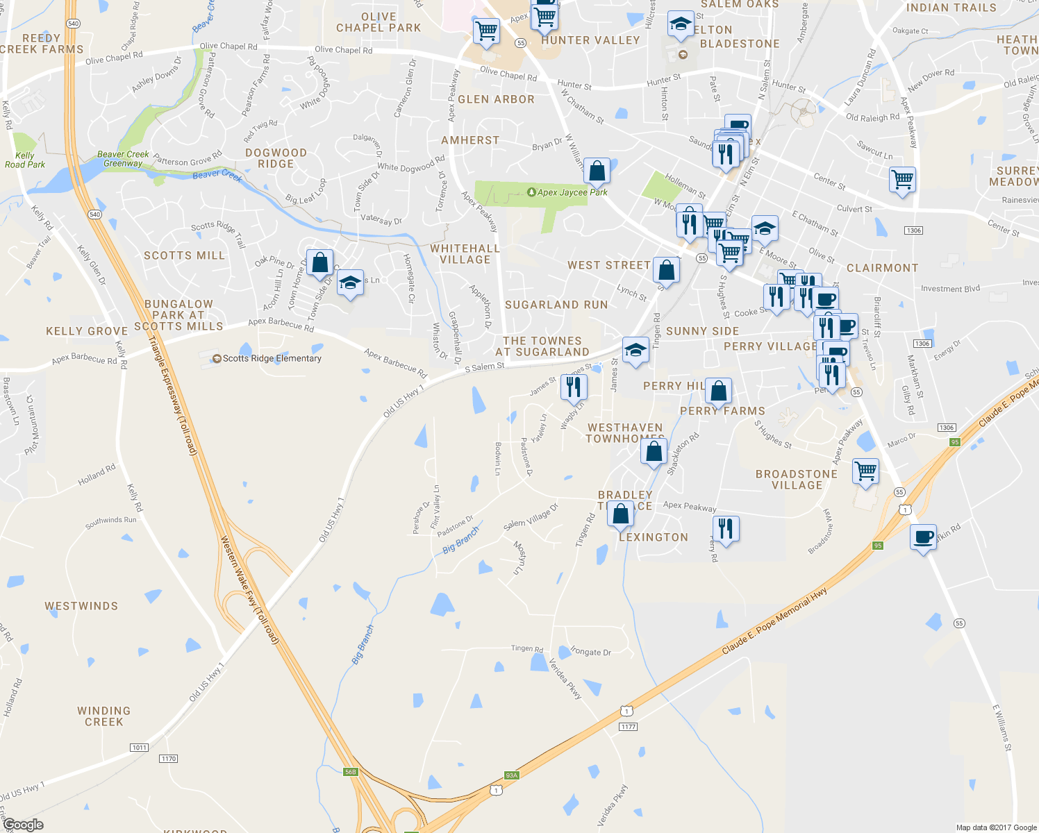 map of restaurants, bars, coffee shops, grocery stores, and more near 1444 Padstone Drive in Apex