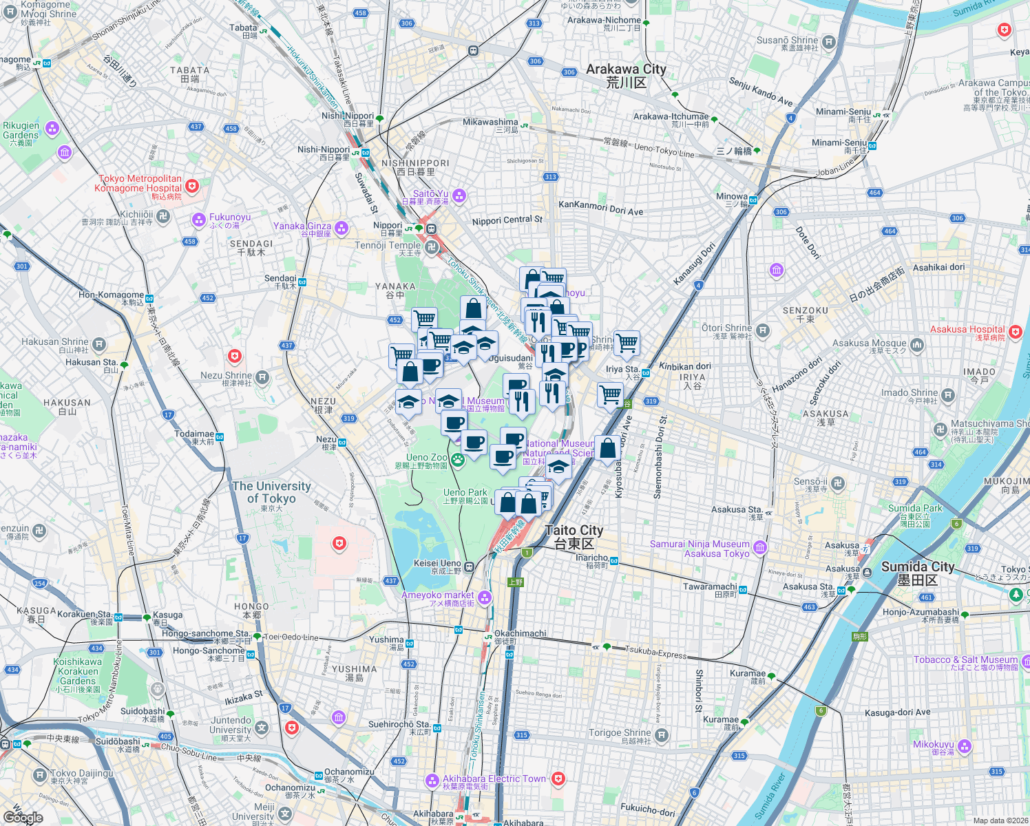 map of restaurants, bars, coffee shops, grocery stores, and more near in Taitō