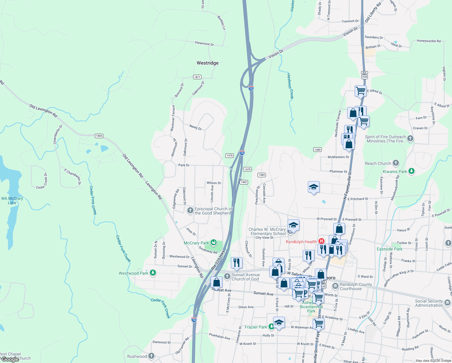 map of restaurants, bars, coffee shops, grocery stores, and more near 728N North McCrary Street in Asheboro