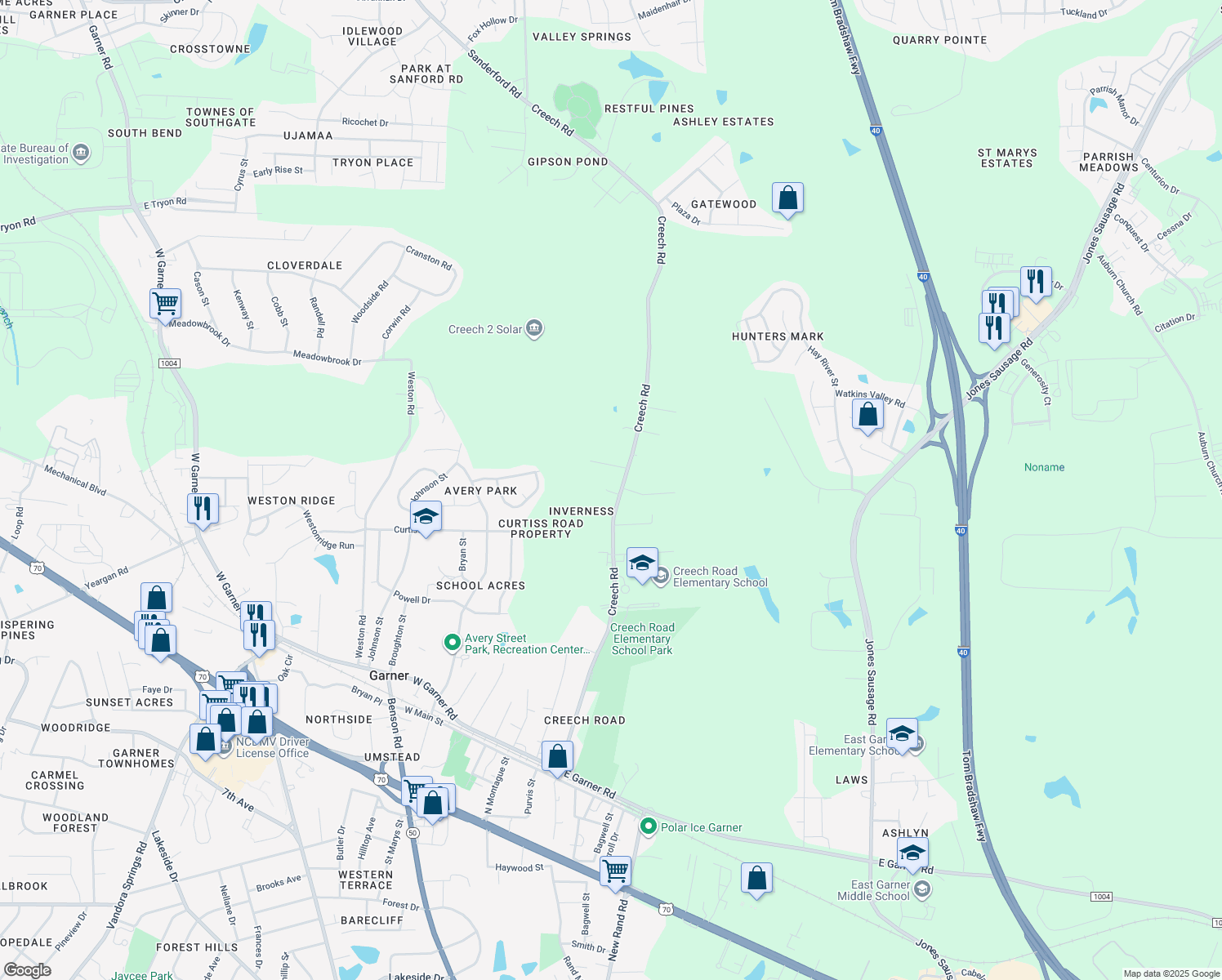 map of restaurants, bars, coffee shops, grocery stores, and more near 709 Creech Road in Garner